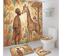 Giraffe Shower Curtain Sets, Ethnic Artistic Leaves Sun None Orange Washable with Hooks Bathroom Sets with Shower Curtain and Rugs Decorative for Toile Guest Room 72x72 Inch