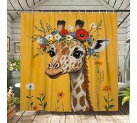 Giraffe Shower Curtain, Watercolor Yellow Floral Bath Curtain for Bathroom Decor, Spring Summer Cute Modern Fun Waterproof Fabric Shower Curtain Set with Hooks 72x78 Inch
