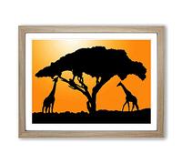 Giraffe Silhouette at Sunset Modern Framed Wall Art Print, Ready to Hang Picture for Living Room Bedroom Home Office Décor, Oak A2 (64 x 46 cm)