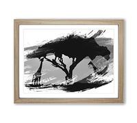 Giraffe Silhouette at Sunset V1 Modern Framed Wall Art Print, Ready to Hang Picture for Living Room Bedroom Home Office Décor, Oak A3 (46 x 34 cm)