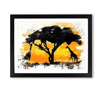 Giraffe Silhouette at Sunset V3 Modern Framed Wall Art Print, Ready to Hang Picture for Living Room Bedroom Home Office Décor, Black A4 (34 x 25 cm)