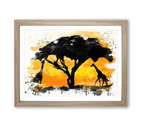 Giraffe Silhouette at Sunset V3 Modern Framed Wall Art Print, Ready to Hang Picture for Living Room Bedroom Home Office Décor, Oak A4 (34 x 25 cm)
