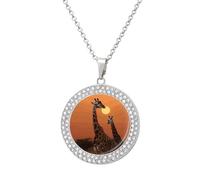 Giraffe Sunset Necklace Personalized Picture Personalized Circle Chain Necklace Personalized Dog Tag Pendant 20 Inch Round Necklace with Memorial Photos Jewelry, One Size, Titanium Steel, Rhinestone