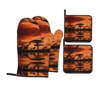 Giraffe Under The Tree In Africa Oven Mitts And Pot Holders Sets â€“ Heat Resistant Kitchen Gloves With Waterproof Design, Includes 2 Gloves & 2 Potholders For Baking, Cooking, Bbq