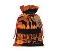 (Giraffe under the tree in Africa) Print Christmas New Year Candy Gift Bag, Red Xmas Ribbon Drawstring Bags for Kids Xmas Holiday Eve Presents S Size