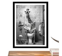 Giraffe Wall Art - 40x60cm Black and White Funny Canvas Print Amusing Newspaper Reading Artwork | Easy to Install Playful Animal Decor for Home, Bathroom, Toilet, What