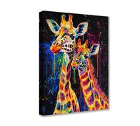 Giraffe Wall Art Posters Prints Protecting Her Baby 1P Animal Graffiti Canvas Wall Art Neon Modern Pictures Artwork for Living Room Bathroom Home Decor Framed Gallery-Wrapped Ready to Hang
