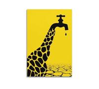 Giraffe Water Conservation Hanging Paintings Poster, Yellow Black Minimalist Wall Art, Environmental Awareness Print for Classroom Office Home Decor 12x18inch(30x45cm)