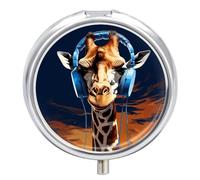Giraffe Wearing Headphones Pill Box 3 Compartment Portable Round Pill Organizer Leak-Proof Lightweight Daily Compact Travel Pill Case for Vitamins Supplements Medication