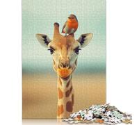 Giraffe Wildlife in Africa And Robin on Head Puzzles 500 Pieces Wooden Puzzles Wood Puzzle Jigsaws for Adults Family Activity Jigsaw Puzzles 500pcs (52x38cm)