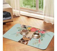 Giraffe with Floral Pet Feeding Mat Absorbent Pu Leather Dog Cat Food Mats Contain Spills Protects Floors, Anti-Slip Rubber Backing Dog Bowl Mats Easy Clean Pet Placemats 30x45cm