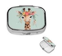 Giraffe with Floral Pill Box 2 Compartment Medicine Pill Organizer Square Pill Case for Purse & Pocket Travel Pillbox Portable Metal Medicine Vitamin Fish Oil Organizer Unique Gift
