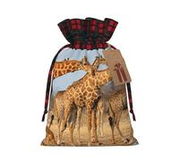 Giraffes Family Print Christmas Drawstring Linen Gift Bags Reusable Fabric Bags With Tags For Christmas Gifts