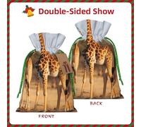 Giraffes Family Printed Christmas Drawstring Bags Reusable Xmas Bag for Party Xmas Gift Wrapping, Green Ribbon, M