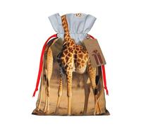 Giraffes Family Printed Christmas Drawstring Bags Reusable Xmas Bag for Party Xmas Gift Wrapping, Red Ribbon, M