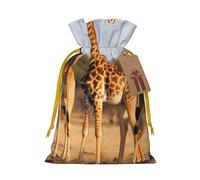 Giraffes Family Printed Christmas Drawstring Bags Reusable Xmas Bag for Party Xmas Gift Wrapping, Yellow Ribbon, S