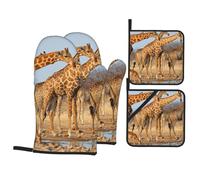Giraffes Family Printed Oven Gloves Heat Resistant, Non Slip oven mitts Potholder with Hanging Loop for Kitchen Grilling, Baking, Bbq (4 Pcs)