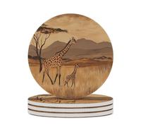 Giraffes In An African Round Ceramic Coasters Non-Slip Cork Base Drinks Holder Craft 4PCS