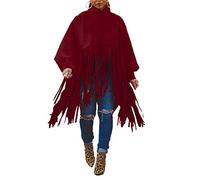 GirarYou Womens High Neck Tassel Sweatshirt Top Vintage Ponchos Cloak Cape OversizedFringe Tops for Women Shawl Pullover Top Vintage Fall Sweater Jumper Casual Outwears (Wine Red, XL)