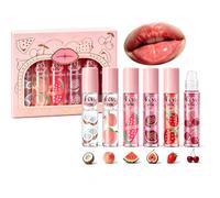 Gireatick 6 Pcs Fruit Flavored Roll-On Lip Oil Set, Clear Non-Sticky Lip Gloss with Vitamin E, Long-Lasting Moisturizing Care for Dry Chapped Lips
