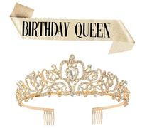 Girejujon Birthday Queen Sash and rhinestone tiara set, featuring a gold-stamped glitter Sash and a dazzling tiara for birthdays and proms.