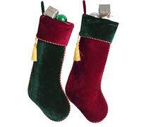 Gireshome Set of 2 Pcs Burgundy & Green Velvet Vintage with Tassel Christmas Stocking, Xmas Tree Decor Festival Party Ornament -10"x18"/25cm x 45cm