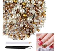 Girihe Rhinestones and Flat Back Pearls, 50G Mix Pearls and Rhinestones with 1 PCS Crayon and 1 PCS tweezer, Nail Pearl for Nails Clothing Shoes DIY Art Crafts Embellishment & Makeup