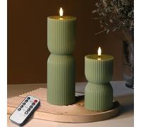 Girimax Olive Green Ribbed Flameless Pillar Candles with Remote Set of 2 | 2 AA Battery Powered, Flickering LED Decorative Candles, Home Shelf Table Decor, Real Wax Coating
