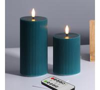 Girimax Teal Ribbed Flameless Pillar Candles with Remote, 2 Pack Flickering Battery Operated LED Wax Candles Φ 3" H 4" 6"