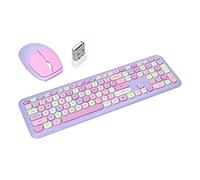 Girl 110Keys Keyboard Mouse Combo, Retro Mixed Color Keyboard with Cute Mouse Set, 1200 DPI 3Keys Wireless Mouse for Gaming PC (Purple mixed color keyboard and mouse set)