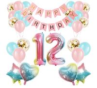Girl 12th Birthday Decorations Gradient Color Age 12 Balloon Arch Kit with 40 inch Number 12 Foil Balloon Happy Birthday Banner & 28 Latex Balloons for Twelfth Birthday Party