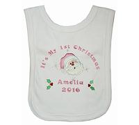 Girl 1st Personalised Santa Applique Christmas Bib. (White)