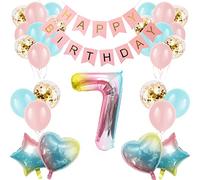 Girl 7th Birthday Decorations Gradient Color Age 7 Balloon Arch Kit with 40 inch Number 7 Foil Balloon Happy Birthday Banner & 28 Latex Balloons for Seventh Birthday Party (7th Birthday Balloon Set)