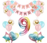 Girl 9th Birthday Decorations Gradient Color Age 9 Balloon Arch Kit with 40 inch Number 9 Foil Balloon Happy Birthday Banner & 28 Latex Balloons for Ninth Birthday Party (9th Birthday Balloon Set)