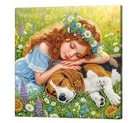 Girl and Dog Special Shaped 5D DIY Partial Drill Diamond Painting Kits for Adults Beginners Home Decor Diamonds Paintings Gem Art with Frame 25x25cm