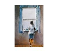 Girl At the Window Painting Canvas Print Poster Salvador Dali Wall Art Woman Sea Blue Picture for Living Room Home Decor 80x120cm(31x47in) with frame