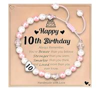 Girl Bracelets Pink Bead Bracelets for Women 10th Birthday Gifts Girl Bracelet Gift 7/8/9/10/13th Adjustable Heart Birthday Bracelets with Birth Card and Box Charm Bracelets for Girls Anklets (10th)