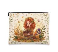 Girl Canvas with Zipper, Fanciful Cozy Leaves Flowers Fall Orange Canvas with Zipper Small Makeup Pouch for Travel, Bathroom, Vanity, Purse Storage and Gifts, Orange, 7x9 Inch, Whimsical