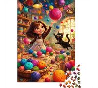 Girl Cat Yarn Jigsaw Puzzle, 1000 Pcs Indoor Adult Game | 52x38cm Cardboard Brain Workout, Tight Puzzle Fit, Friend Gift, Living Room Accent