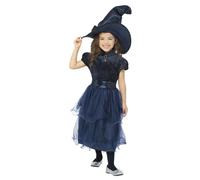 Smiffys Deluxe Midnight Witch Costume, Blue with Dress & Hat, Halloween Child Fancy Dress, Witch Dress Up Costumes