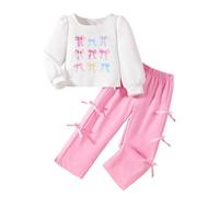 Girl Clothes - Girls' Hoodie Set Bow Splicing Printed Wide Leg Overalls Autumn Style Children's Two Piece Set