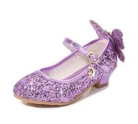 Girl Dance Glitter Shoes Fashion Princess Butterfly Leather Diamond Bowknot High Heel Girls Party Dress Shoe(Purple,33)