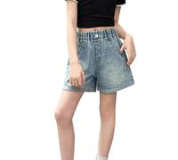 Girl Denim Shorts Elastic Waist Jeans Kids Summer Athletic Baggy Pants Basic Loose Fit Vintage Cute Wide Cargo Clothes Sports Lightweight Plus Size Clothes Soft Thing for (Light Blue, 12-13 Years)