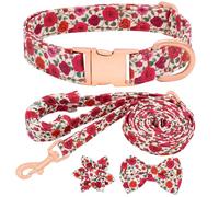 Girl Dog Collar and Lead Set with Bow Tie, Adjustable Soft Padded Pet Collar with Detachable Flower and Dog Tag Strong Gold Buckle for Small Medium Large Dogs M, Red rose