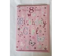 Girl Female Age 8 8th Eight Eighth You're 8 Today! Birthday Girl Birthday Card Pink Stripes Pink/Purple/Green Words/Butterflies/Flowers Foil Detail(PH42348B)