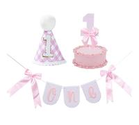 Girl First Birthday Decorations, Pink Bow Banner for High Chair, 1st Birthday Hat and Cake Topper, Pink Bow Themed for Baby Shower Party