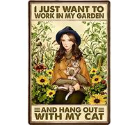 Girl Gift Garden Sunflower Decor I Just Want To Work In My Garden and Hang Out With My Cat Retro Metal Tin Sign Vintage Art Sign for Home Fence Porch Room Wall Decor Poster 8x12 in