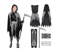 Girl Grim Reapers Costume with Hooded Cape, Gloves, Toy Scythe & Socks, Scary Halloween Death Reaper Costume Fancy Dress for Kids Girls