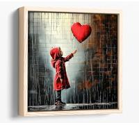 Girl in Red Raincoat with Heart Balloon BANKSY Canvas Floater Frame Square Print Picture Art - Light Oak Frame 30 inch wide x 30 inch high