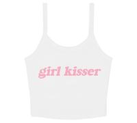 Girl Kisser Ladies Cropped Printed Strappy Vest LGBTQ+ Gay Lesbian Bisexual Queer Pride Cute Y2K Baby Tee (White, 8)